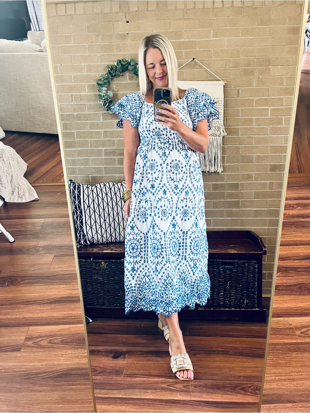 Women’s Blue and White Smocked Midi Dress with Flutter Sleeves